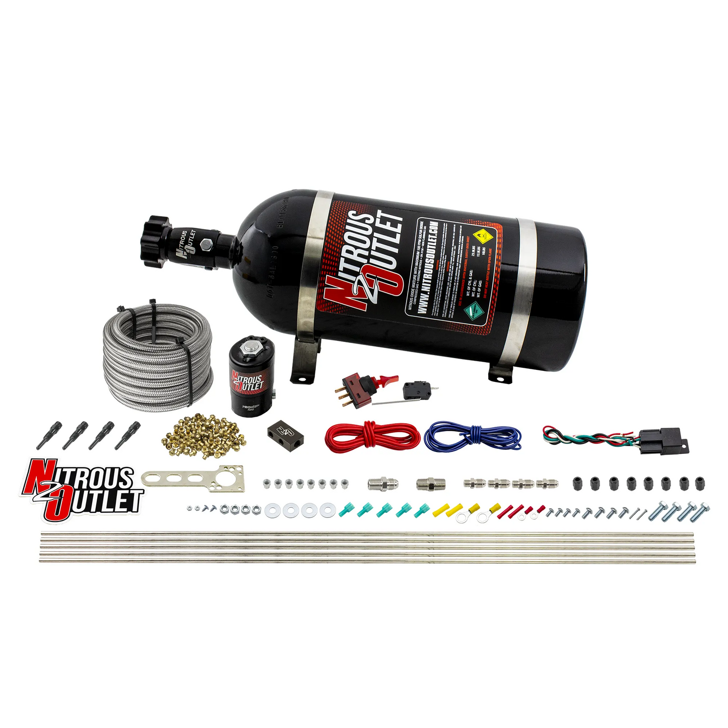 Nitrous Outlet Dry 4 Cylinder Direct Port System - .122 Nitrous Solenoid/Distribution Block/90 Degree Nozzles (50-250HP)(12lb Bottle)