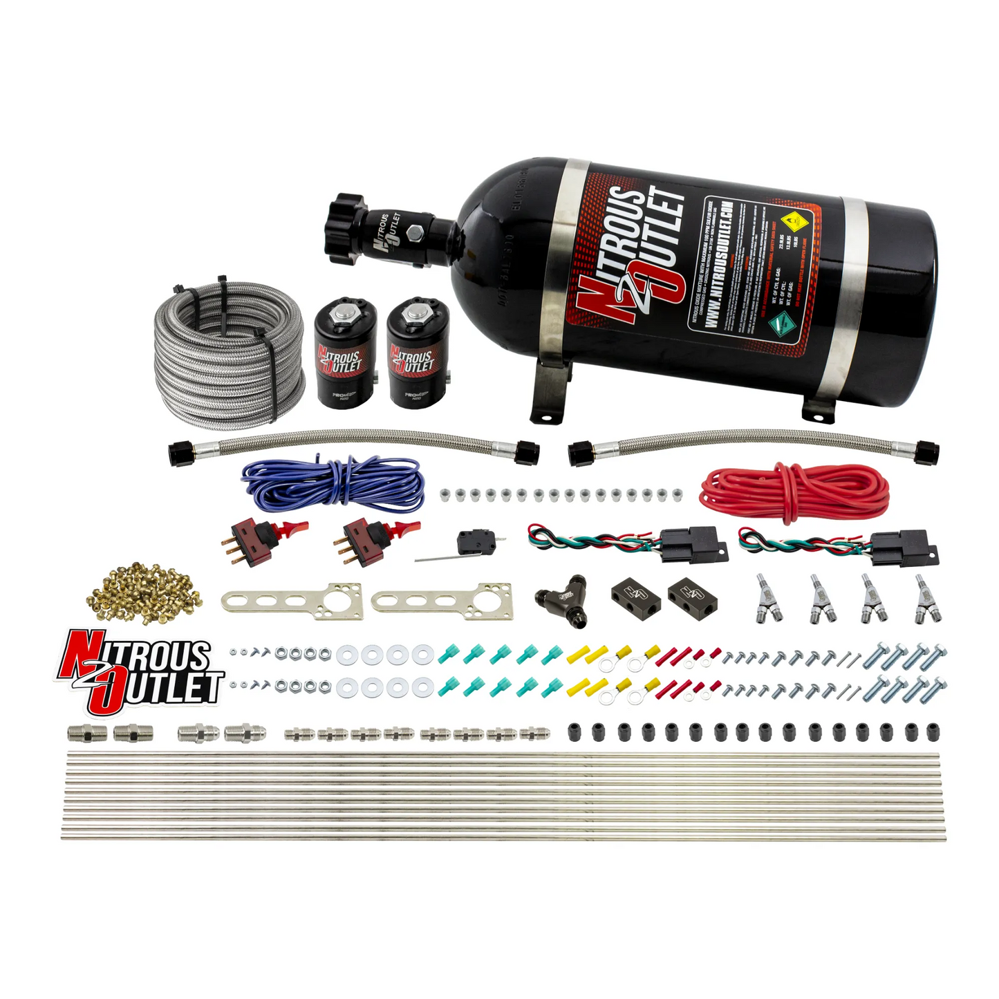 Nitrous Outlet Dry 4 Cylinder Dual Stage Direct Port System - Two .122 Nitrous Solenoids/Distribution Blocks/SBT Dual Passage Discharge Nozzles (50-250HP)(12lb Bottle)