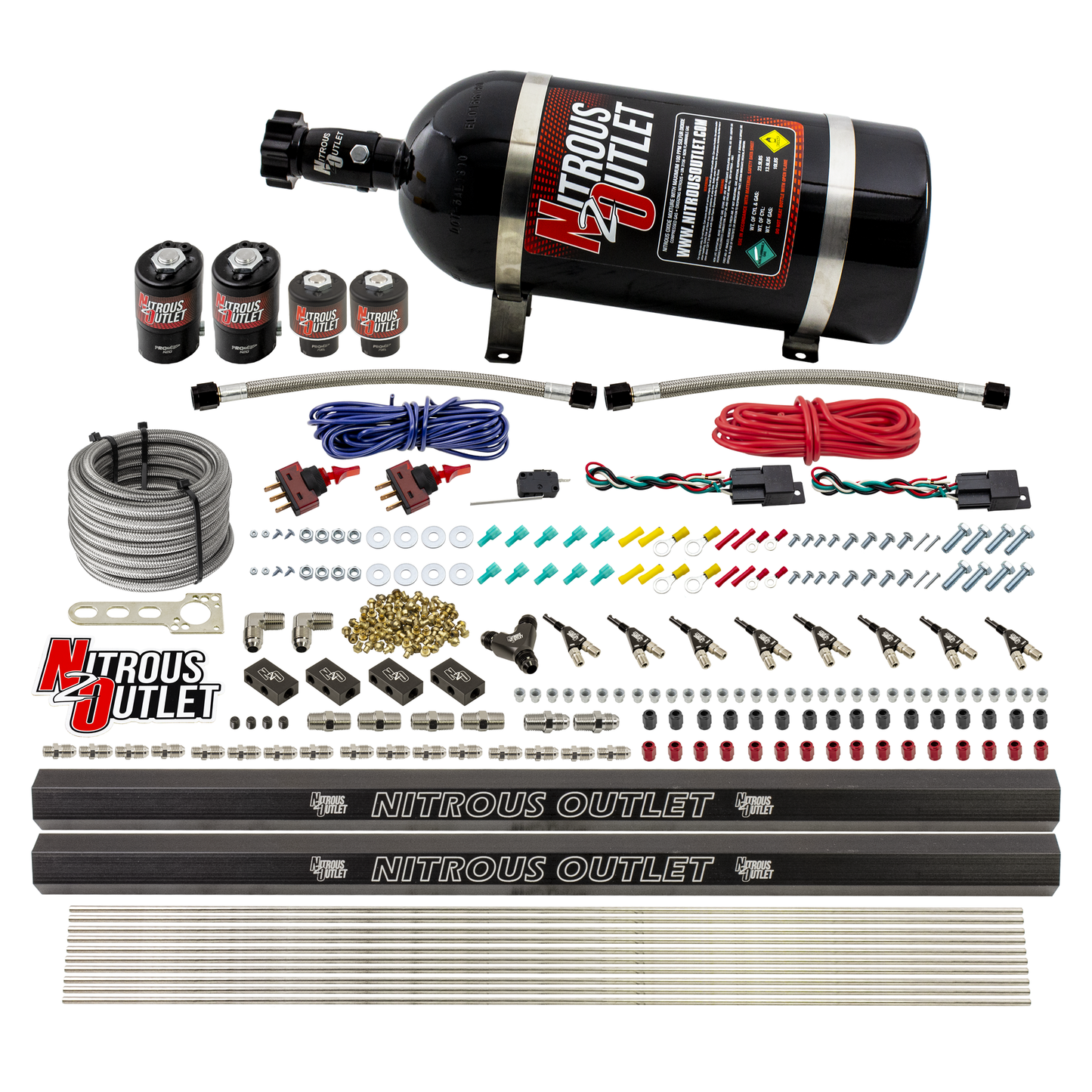 Nitrous Outlet 4 Cylinder Dual Stage Direct Port System - Two .122 Nitrous Solenoids/Two .177 Fuel Solenoids/Two Dual Passage Injection Rails/90 Degree Discharge Nozzles (E85)(5-7-10 psi)(50-250HP)(15lb Bottle)