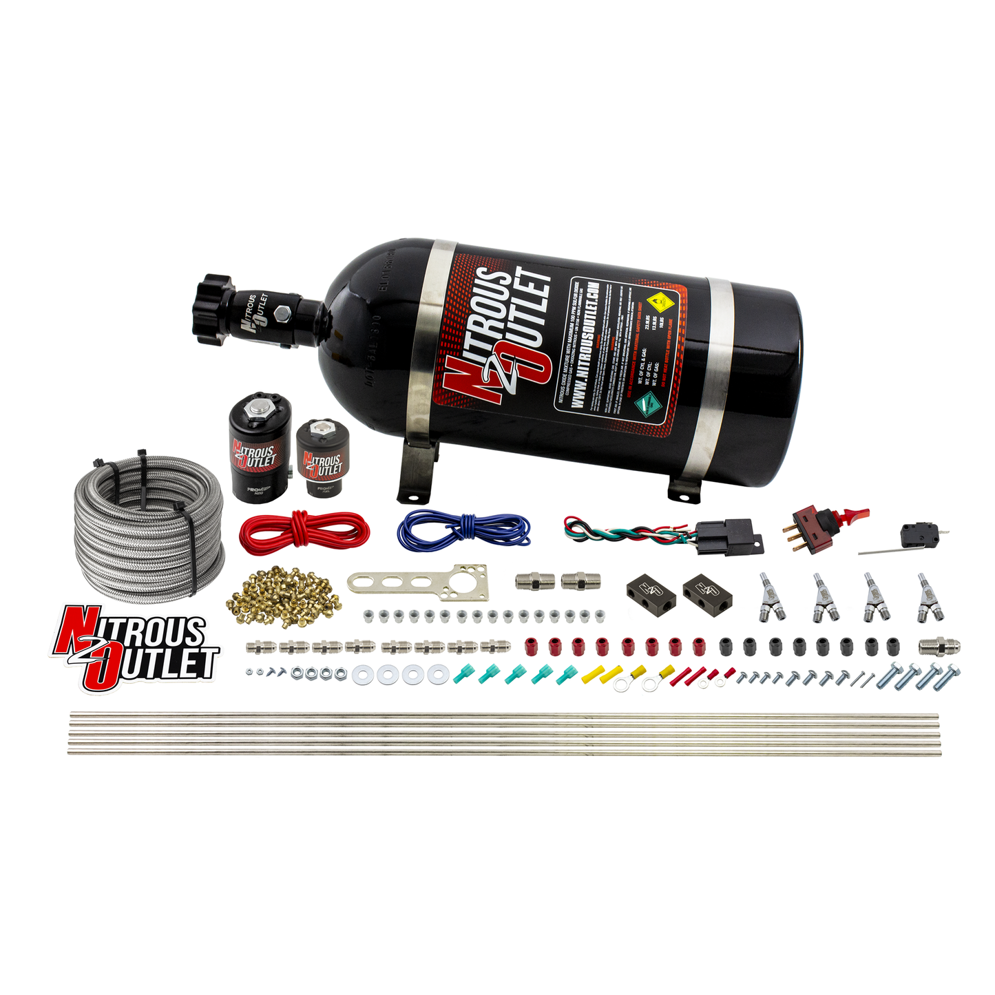 Nitrous Outlet 4 Cylinder Direct Port System - .122 Nitrous Solenoid/.177 Fuel Solenoid/Distribution Blocks/Annular Degree Discharge Nozzles (E85)(5-7-10 psi)(50-250HP)(No Bottle)