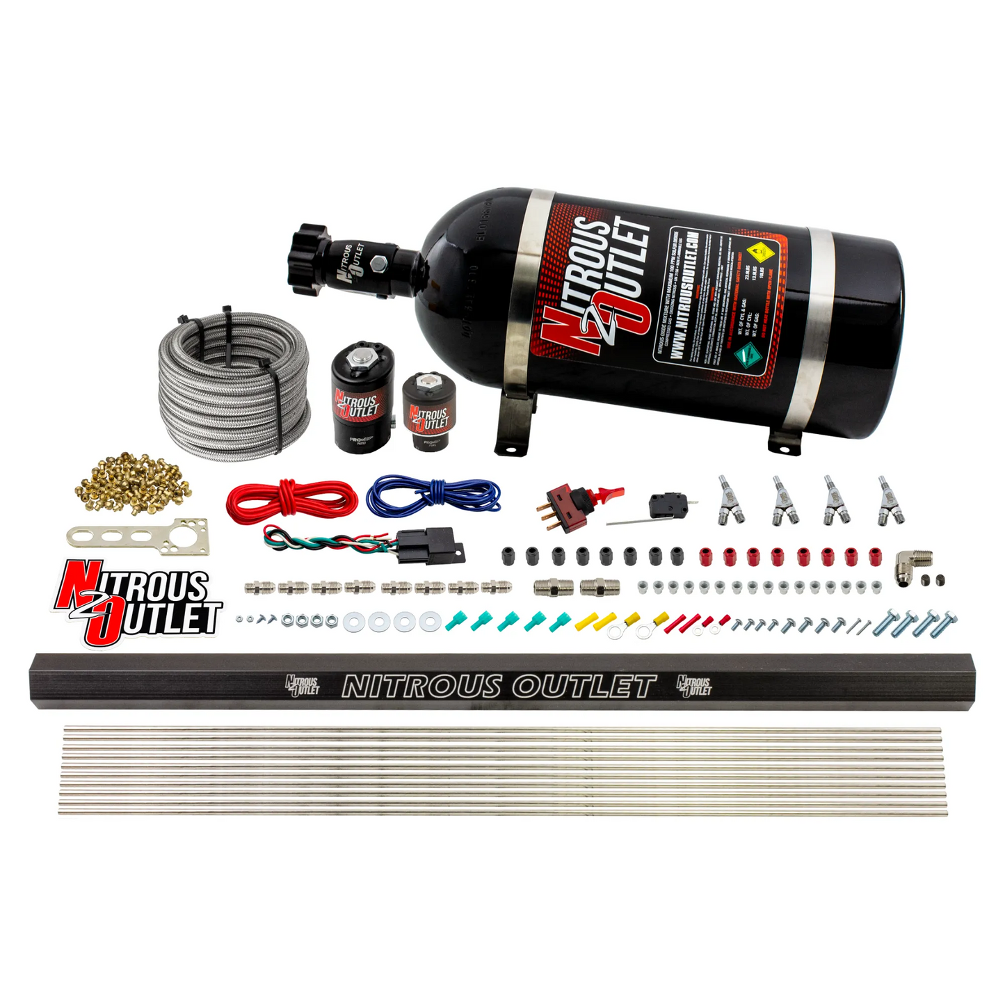 Nitrous Outlet 4 Cylinder Direct Port System - .122 Nitrous Solenoids/.177 Fuel Solenoids/Dual Passage Injection Rail/Annular Discharge Nozzles (Gas)(5-7-10 psi)(50-250HP)(12lb Bottle)