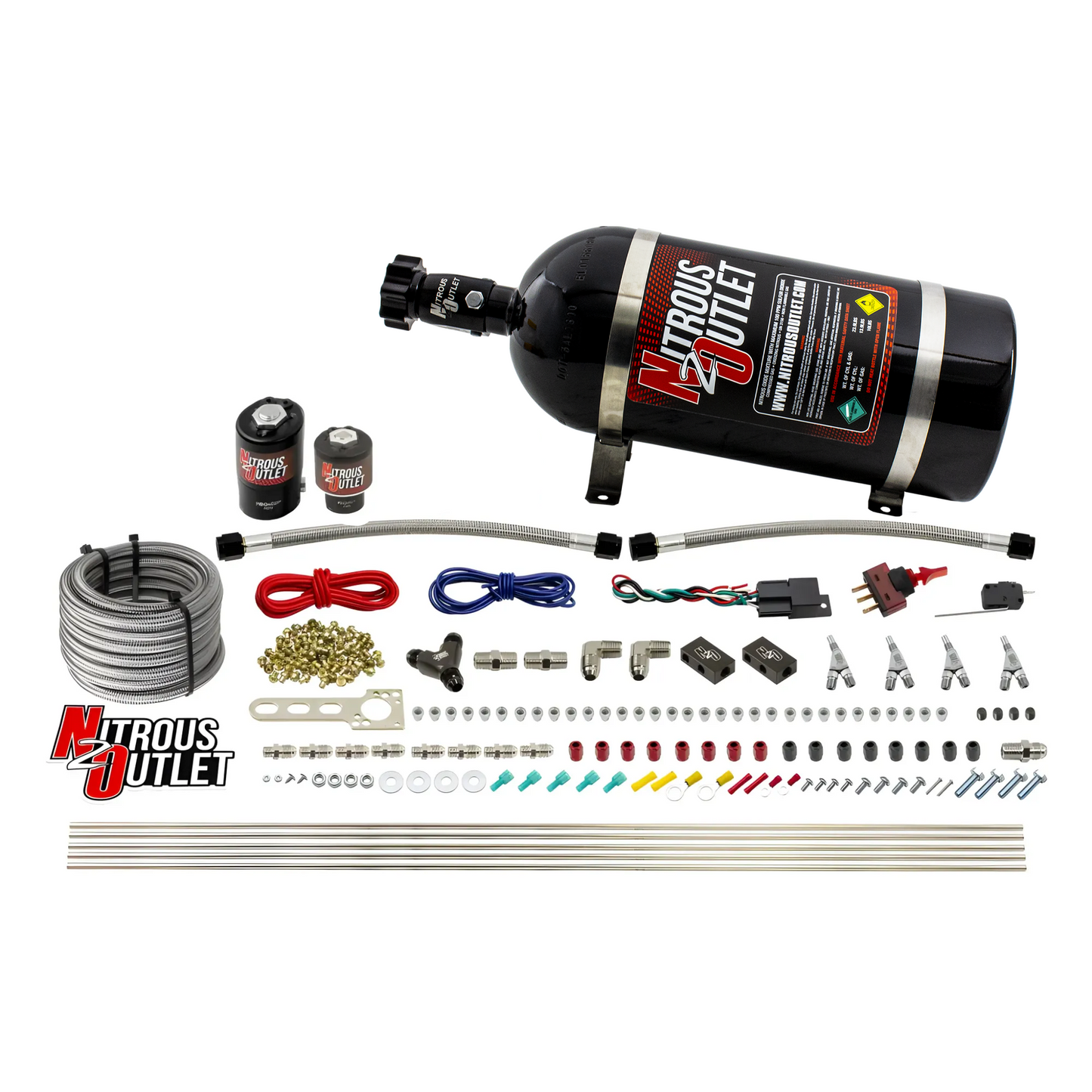 Nitrous Outlet 4 Cylinder Direct Port System - .122 Nitrous Solenoid/.177 Fuel Solenoid/Distribution Blocks/Annular Degree Discharge Nozzles (E85)(45-55 psi)(50-250HP)(No Bottle)