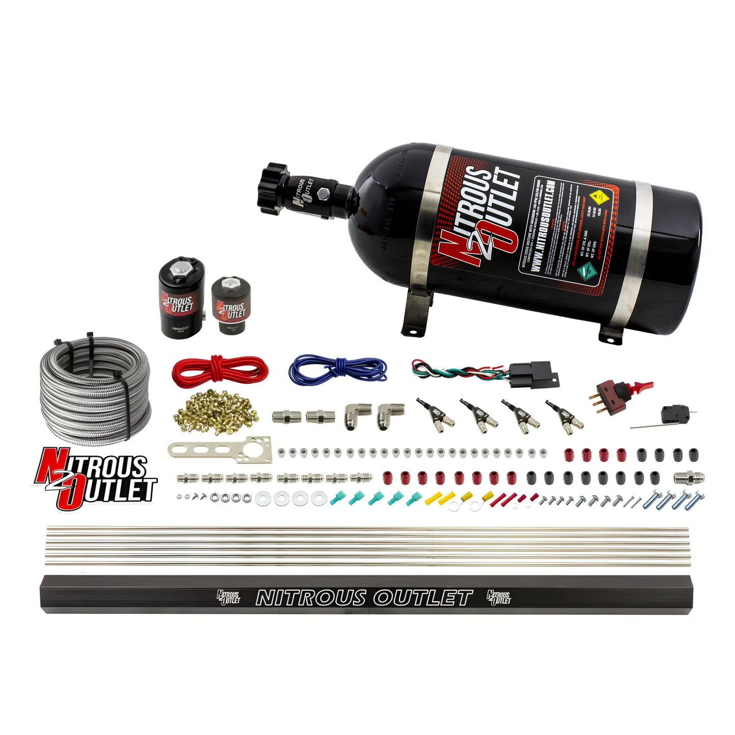 Nitrous Outlet 4 Cylinder Direct Port System - .122 Nitrous Solenoids/.177 Fuel Solenoids/Dual Passage Injection Rail/90 Degree Discharge Nozzles (Gas)(45-55 psi)(50-250HP)(No Bottle)