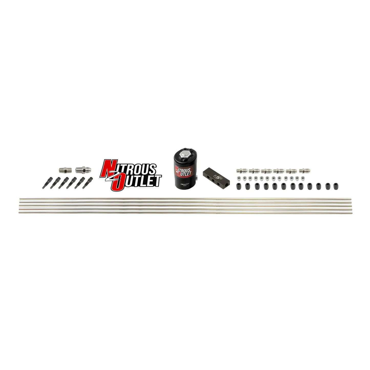 Nitrous Outlet Dry 6 Cylinder Solenoid Forward Direct Port Plumbers Kit - .122 Nitrous Solenoid/Distribution Block/SBT Degree Discharge Nozzles