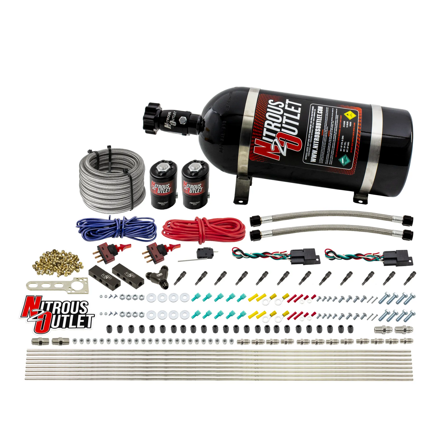 Nitrous Outlet Dry 6 Cylinder Dual Stage Direct Port System - Two .122 Nitrous Solenoids/Distribution Blocks/SBT Dual Passage Discharge Nozzles (75-375HP)(No Bottle)