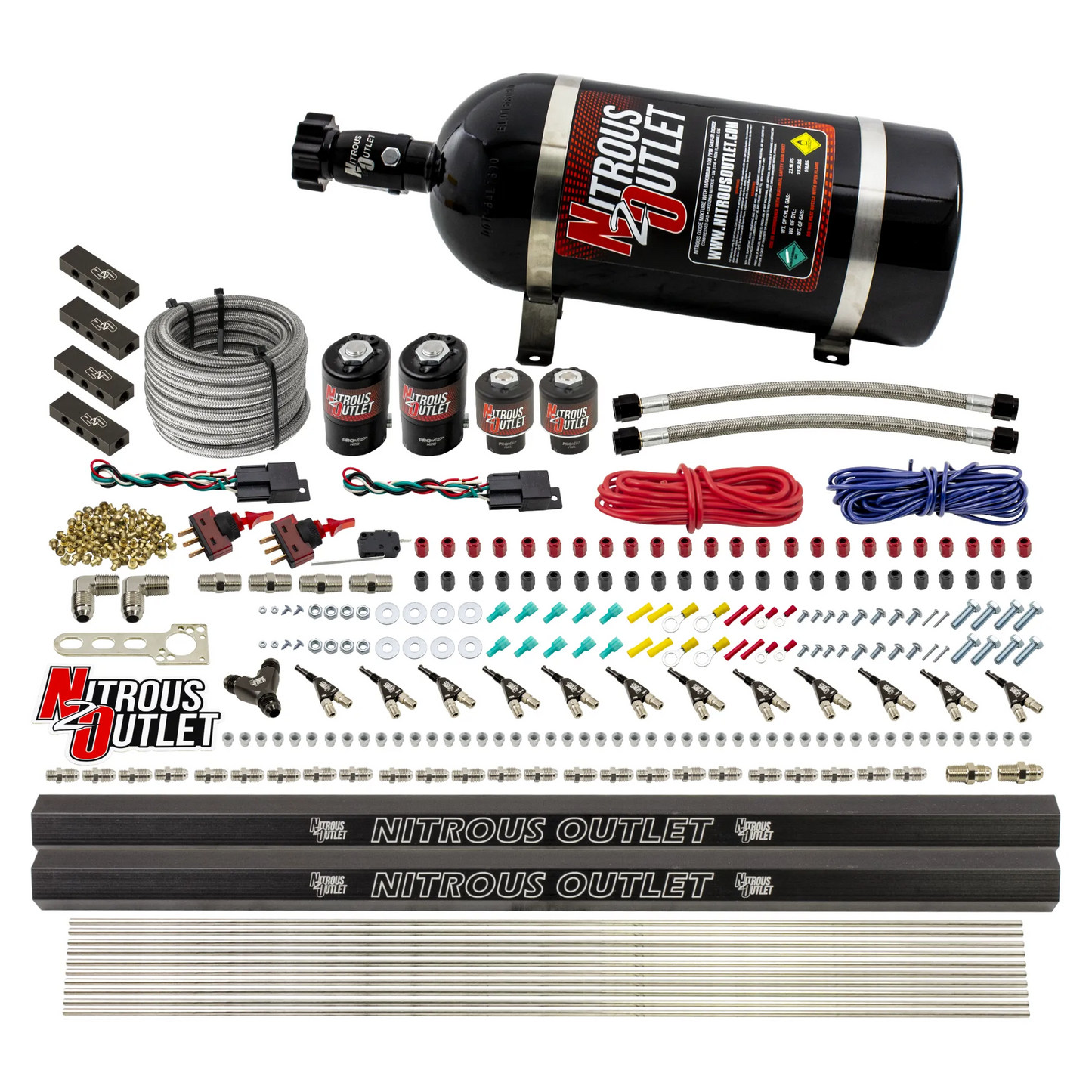 Nitrous Outlet 6 Cylinder Dual Stage Direct Port System - Two .122 Nitrous Solenoids/Two .177 Fuel Solenoids/Distribution Blocks/90 Degree Discharge Nozzles (Alcohol)(5-7-10 psi)(75-375HP)(15lb Bottle)