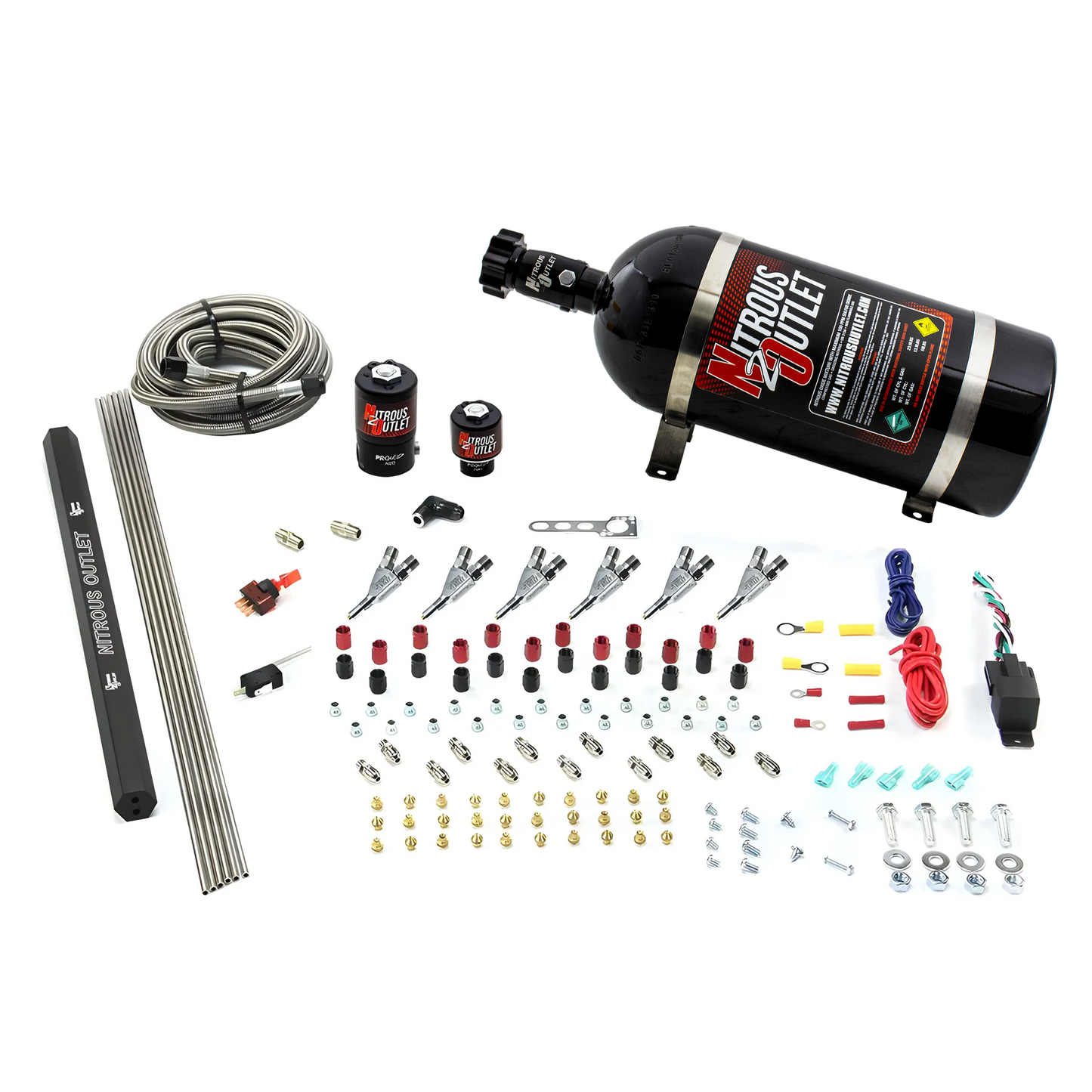 Nitrous Outlet 6 Cylinder Direct Port System - .122 Nitrous Solenoids/.177 Fuel Solenoids/Dual Passage Injection Rail/Annular Discharge Nozzles (Gas)(5-7-10 psi)(75-375HP)(12lb Bottle)