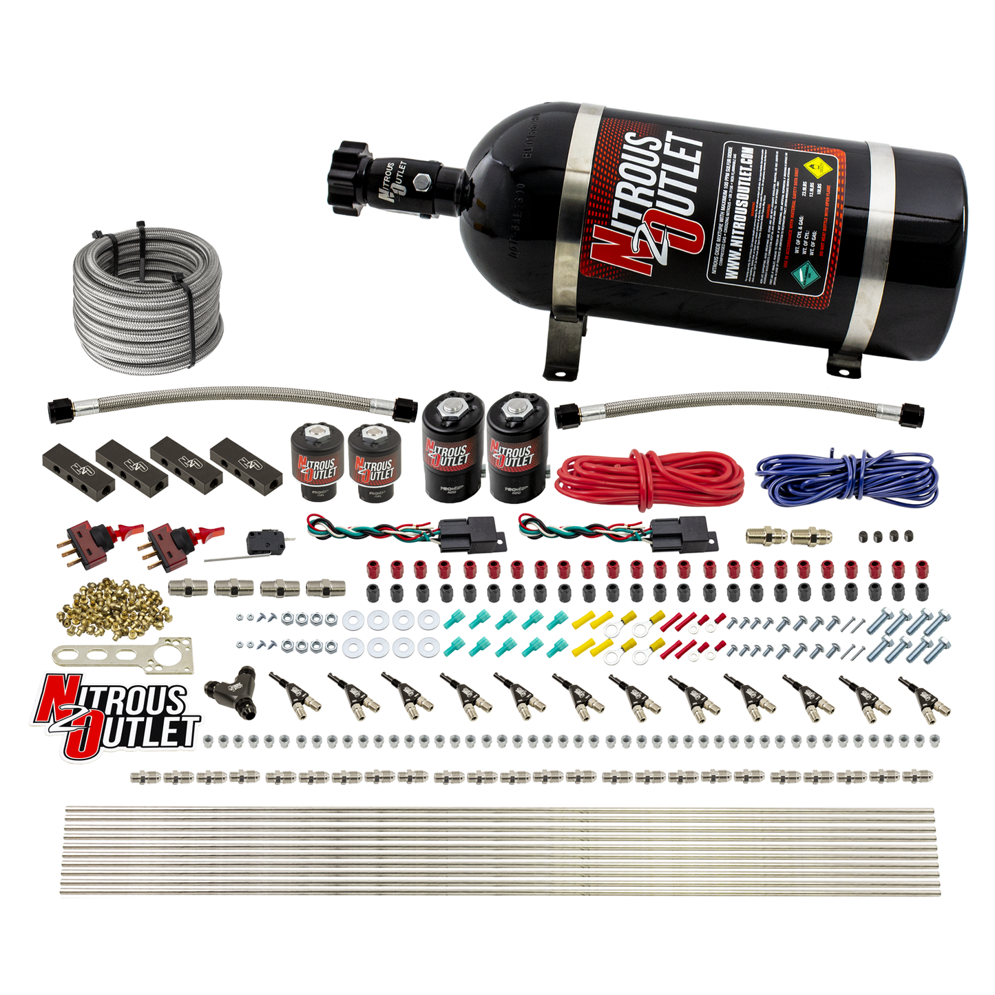 Nitrous Outlet 6 Cylinder Dual Stage Direct Port System - Two .122 Nitrous Solenoids/Two .177 Fuel Solenoids/Distribution Blocks/90 Degree Discharge Nozzles (E85)(45-55 psi)(75-375HP)(15lb Bottle)