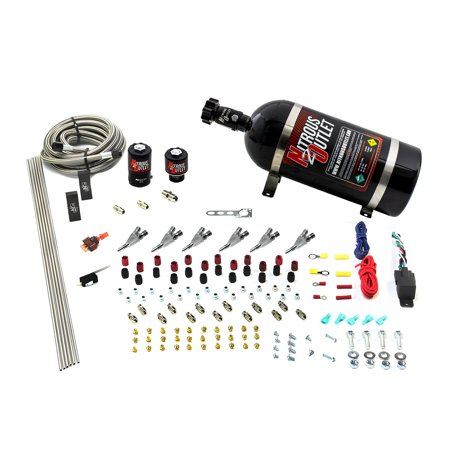 Nitrous Outlet 6 Cylinder Direct Port System - .122 Nitrous Solenoid/.177 Fuel Solenoid/Distribution Blocks/Annular Degree Discharge Nozzles (Gas)(45-55 psi)(12lb Bottle)