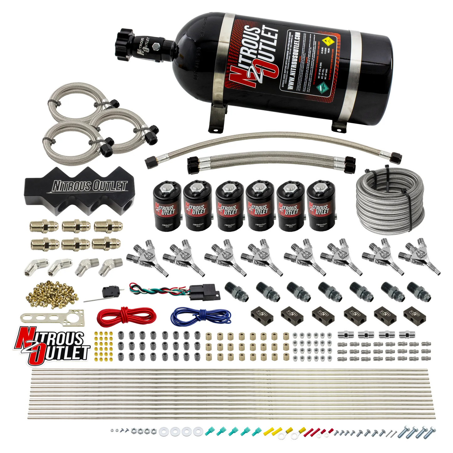 Nitrous Outlet Dry 8 Cylinder Three Stage Direct Port System - Six .112 Nitrous Solenoids/1 In 4 Out Distribution Blocks/ Trident Nozzles(100-400HP)(No Bottle)