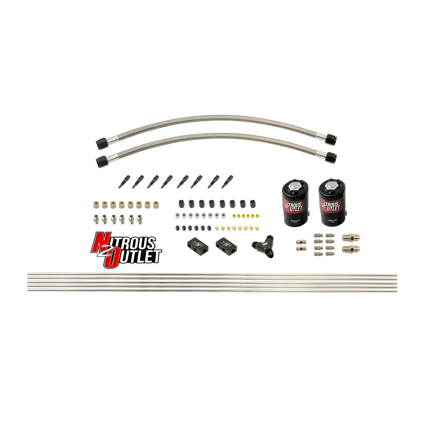Nitrous Outlet Dry 8 Cylinder Solenoid Forward Direct Port Conversion Kit - Two .122 Nitrous Solenoids/ Compact Distribution Blocks/Compression Fittings/Annular Discharge Nozzles (Includes 200HP Jetting)