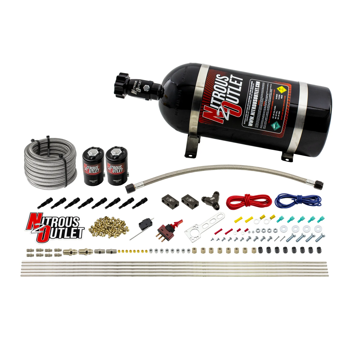 Nitrous Outlet Dry 8 Cylinder Direct Port System - Two .112 Nitrous Solenoids/Compact Distribution Blocks/Compression Fittings/SBT Discharge Nozzles (100-400HP)(15lb Bottle)