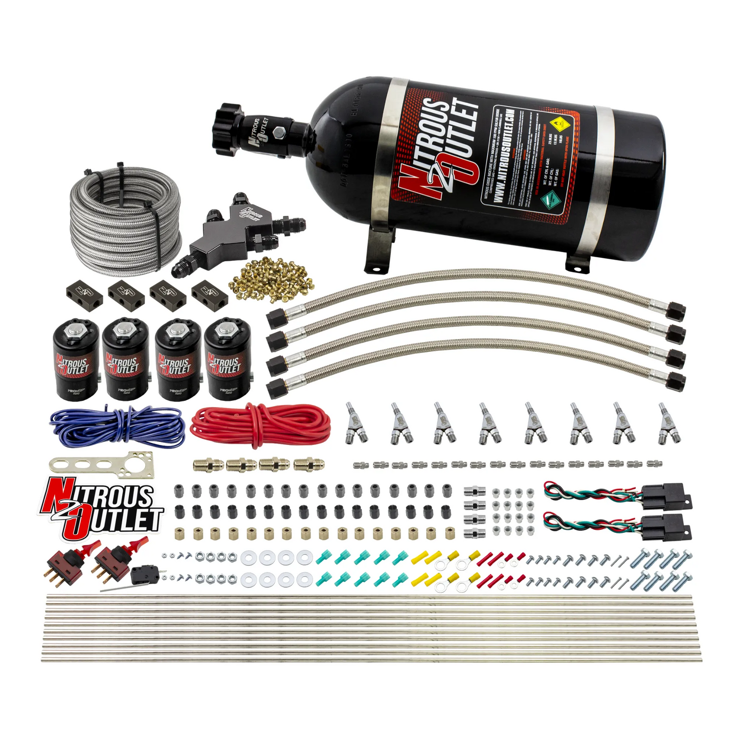 Nitrous Outlet Dry 8 Cylinder Dual Stage Direct Port System - Four .112 Nitrous Solenoids/Compact Distribution Blocks/Compression Fittings/SBT Dual Passage Discharge Nozzles (100-400HP)(15lb Bottle)