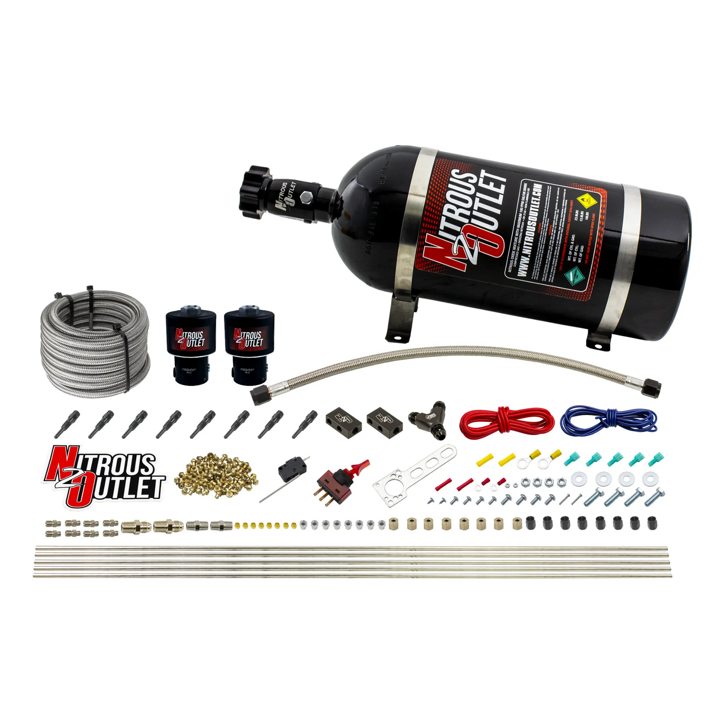 Nitrous Outlet Dry 8 Cylinder Direct Port System - Two .178 Trashcan Nitrous Solenoids/Compact Distribution Blocks/Compression Fittings/90 Degree Discharge Nozzles (100-400HP)(No Bottle)