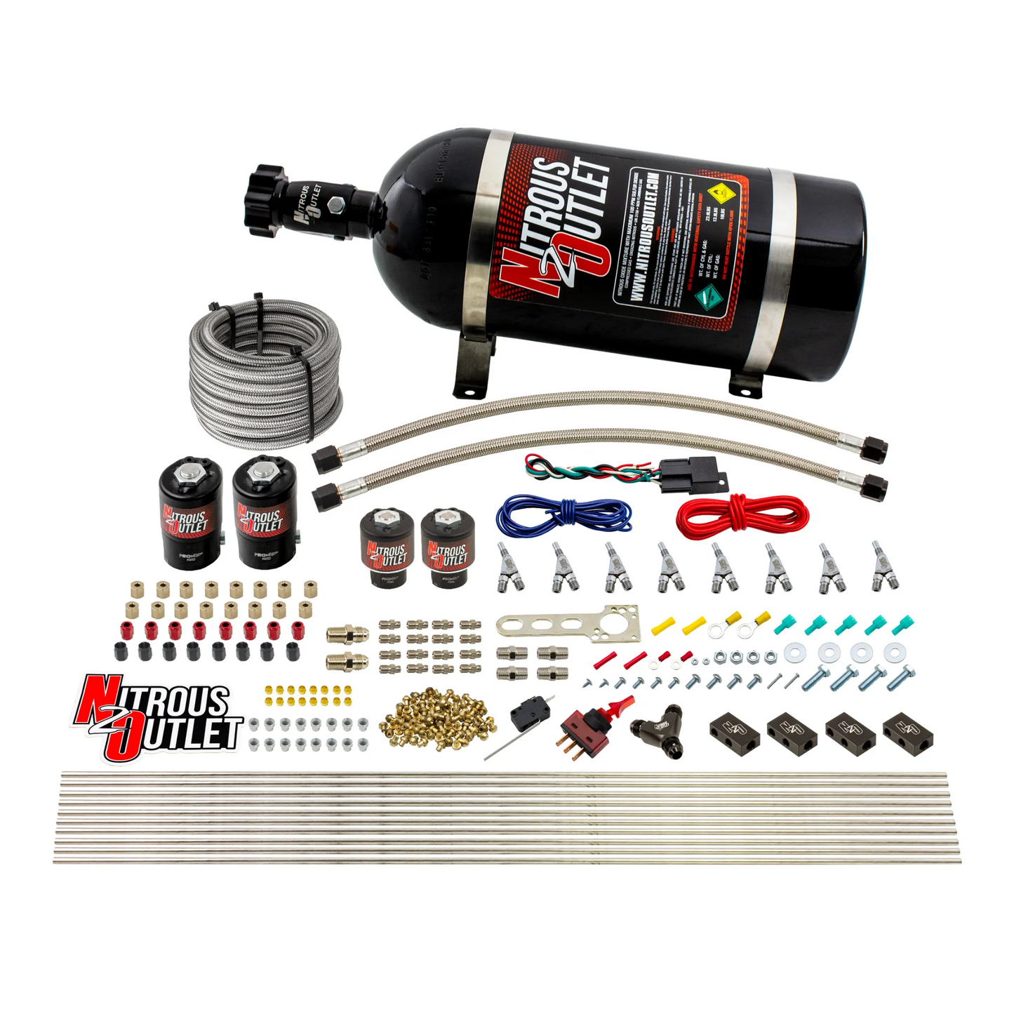 Nitrous Outlet 8 Cylinder Direct Port System - Two .112 Nitrous Solenoids/Two .177 Fuel Solenoids/Compact Distribution Blocks/Compression Fittings/Annular Discharge Nozzles (E85)(5-7-10 psi)(100-400HP)(12lb Bottle)