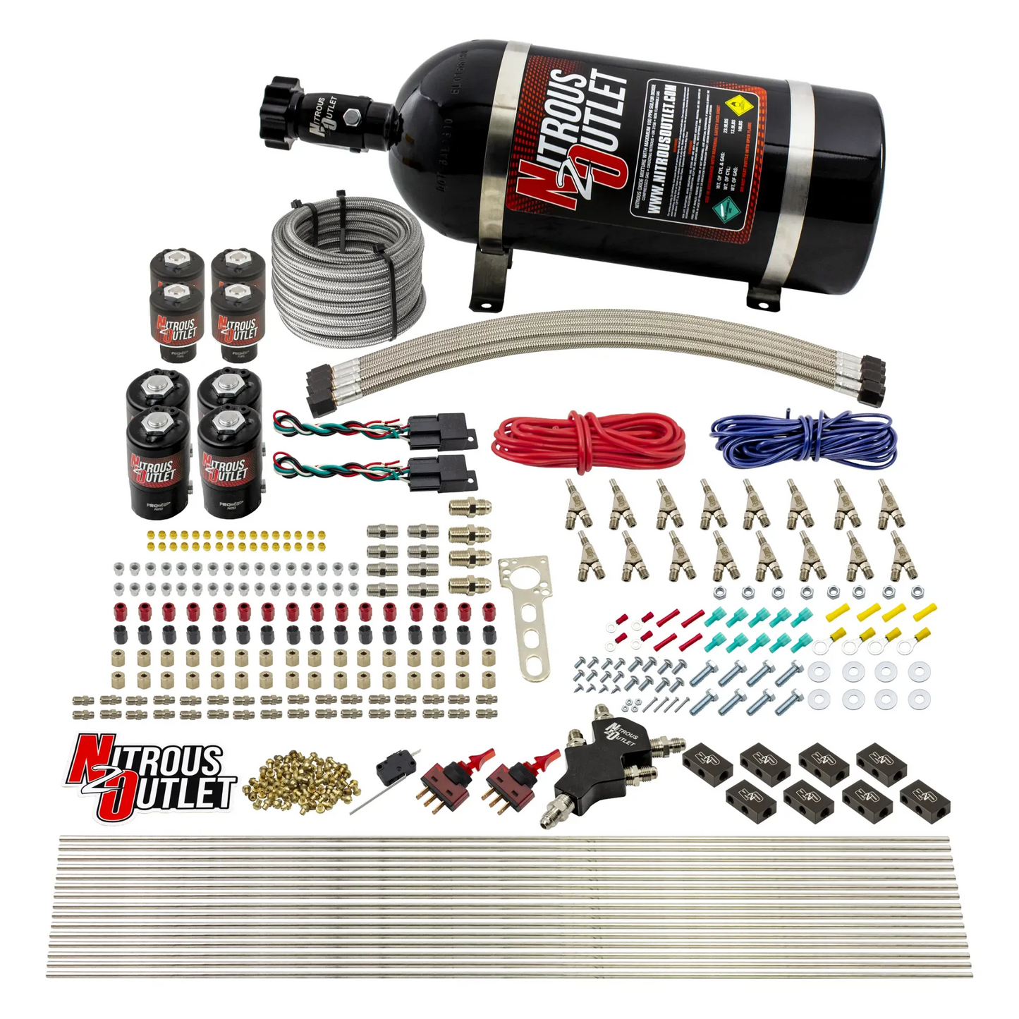 Nitrous Outlet 8 Cylinder Dual Stage Direct Port System - Four .122 Nitrous Solenoids/Four .177 Fuel Solenoids/Compact Distribution Blocks/Compression Fittings/Annular Discharge Nozzles (E85)(45-55 psi)(100-400HP)(12lb Bottle)