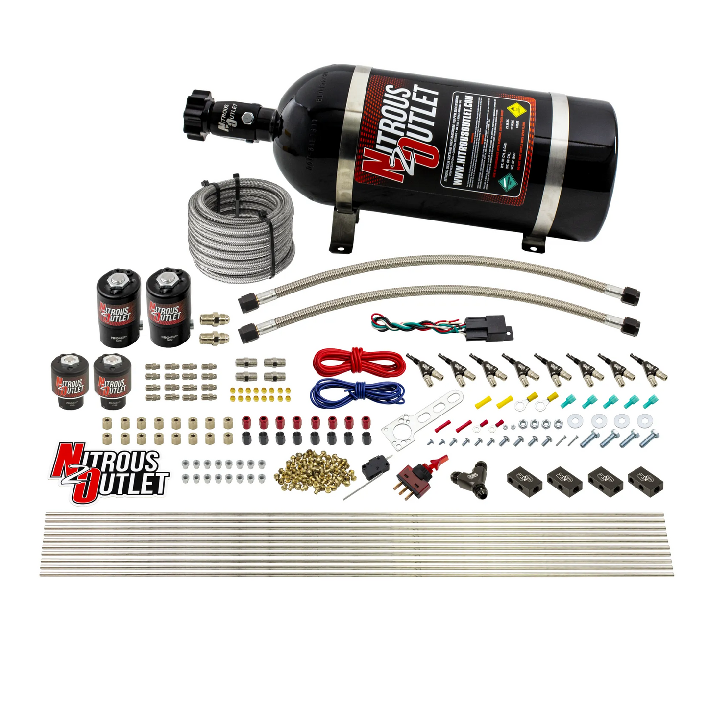Nitrous Outlet 8 Cylinder Direct Port System - Two .122 Nitrous Solenoids/Two .177 Fuel Solenoids/Compact Distribution Blocks/Compression Fittings/90 Degree Discharge Nozzles (Gas)(45-55 psi)(100-400HP)(12lb Bottle)