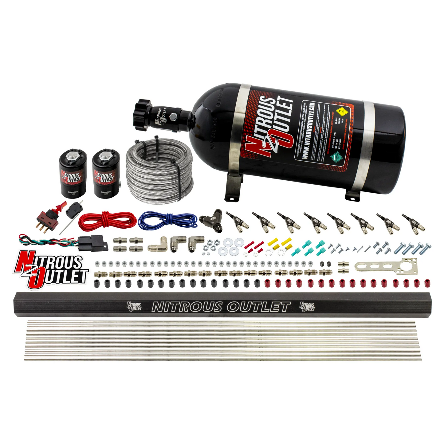 Nitrous Outlet 8 Cylinder Direct Port System - .122 Nitrous Solenoid/.310 Fuel Solenoid/Dual Passage Injection Rail/90 Degree Discharge Nozzles (Gas)(45-55 psi)(100-400HP)(15lb Bottle)