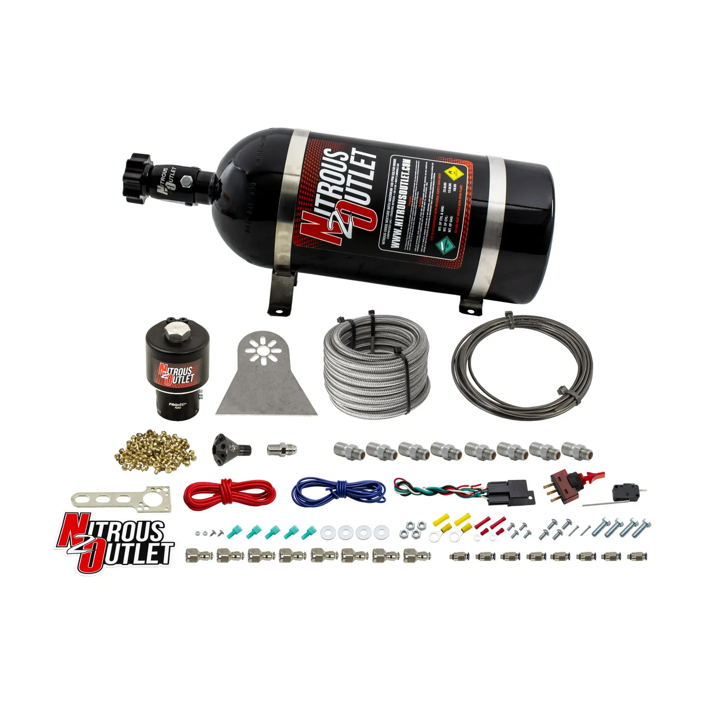Nitrous Outlet Dry 8 Cylinder Direct Port System - .178 Trashcan Nitrous Solenoids/Nylon Hose/Showerhead Distribution Blocks/Plate Fittings (100-600HP)(12lb Bottle)