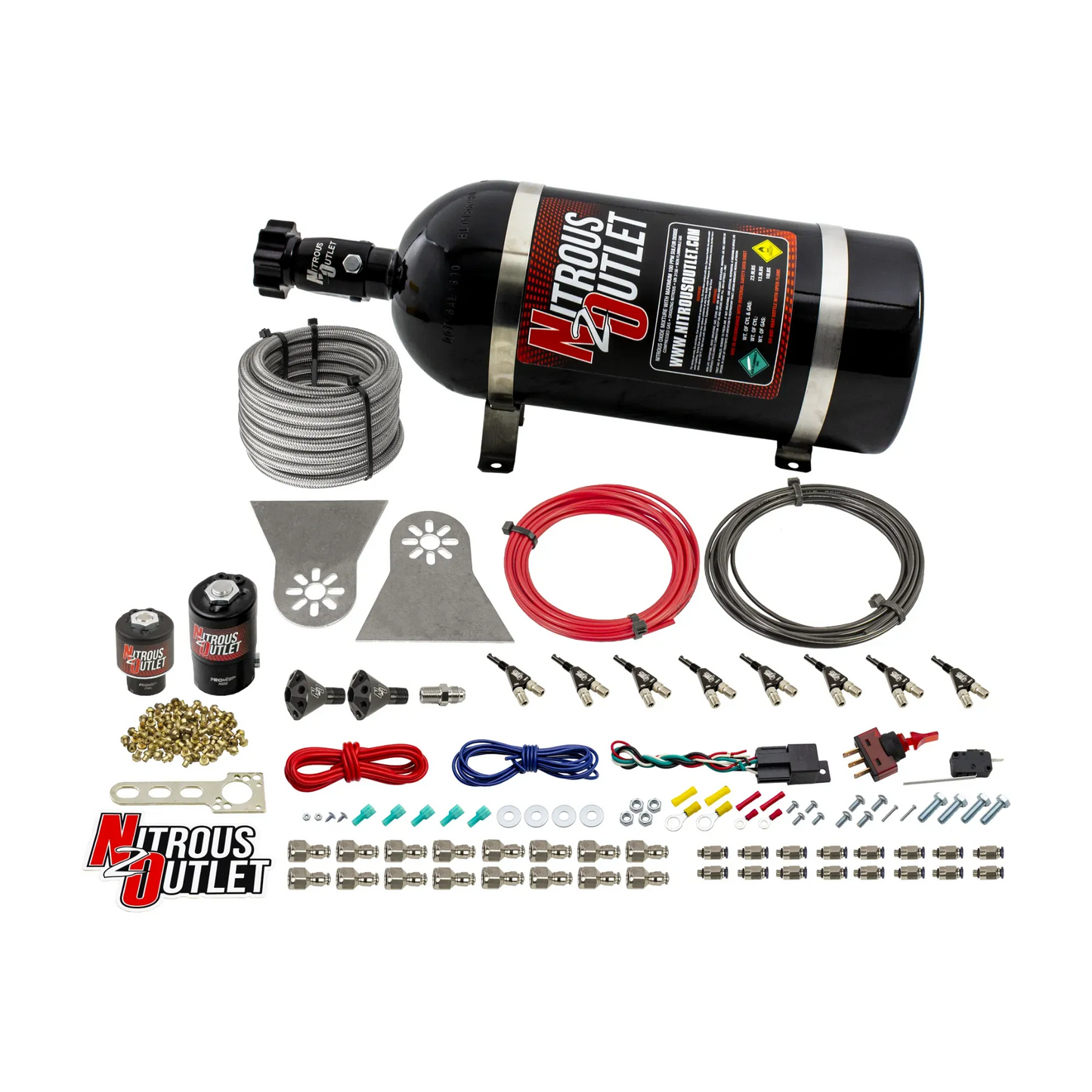 Nitrous Outlet 8 Cylinder Direct Port System - .112 Nitrous Solenoids/.177 Fuel Solenoids/Nylon Hose/Showerhead Distribution Blocks/90 Degree Discharge Nozzles (Gas)(45-55 psi)(100-400HP)(12lb Bottle)