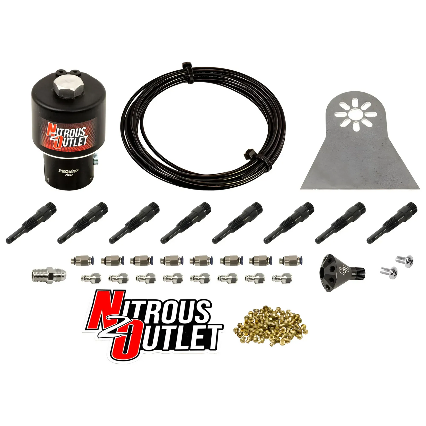Nitrous Outlet Dry 8 Cylinder Solenoids Forward Direct Port Conversion Kit - .178 Trashcan Nitrous Solenoid/Nylon Hose/Showerhead Distribution Block/90 Degree Discharge Nozzles (Includes 200HP Jetting)