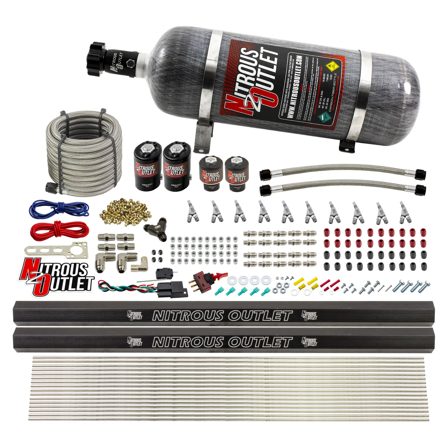 Nitrous Outlet 10 Cylinder Direct Port System - Two .122 Nitrous Solenoid/Two .177 Fuel Solenoid/Two Dual Passage Injection Rail/Annular Discharge Nozzles (E85)(5-7-10 psi)(125-375HP)(15lb Bottle)