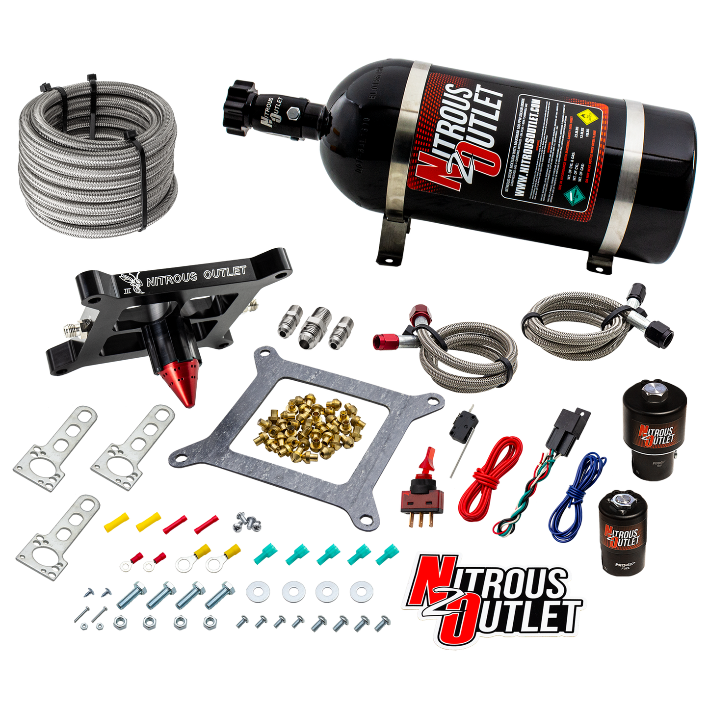 Nitrous Outlet 4150 Stinger 3 Race System - Braided Hoses/.178 Trashcan Nitrous Solenoid/.310 Fuel Solenoid/Universal Solenoid Brackets - (Gas/E85)(5-55 psi)(50-600 HP)(15lb Bottle)