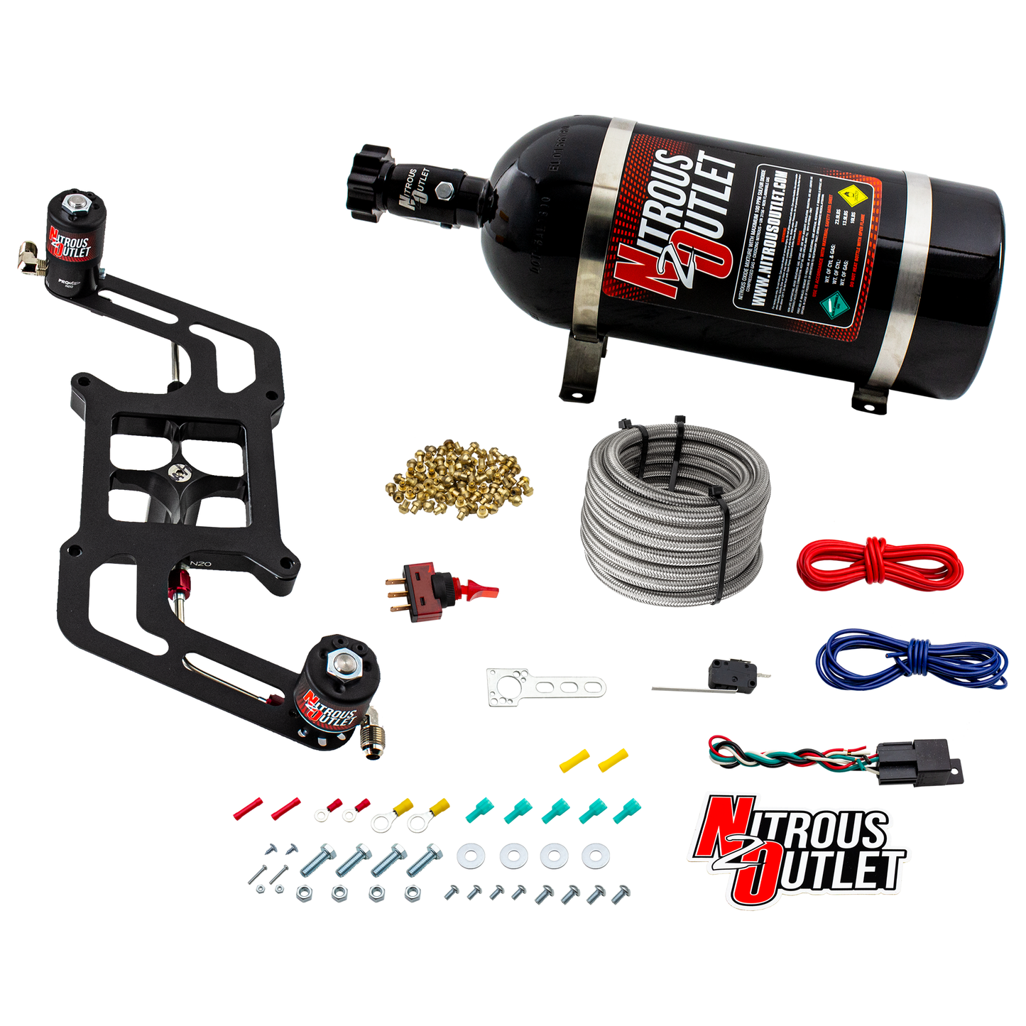 Nitrous Outlet 4150 Stinger 3 System - Hard-line/.122 Nitrous Solenoid/.177 Fuel Solenoid/Boomerang Solenoid Bracket - (Gas/E85)(5-55 psi)(50-500 HP)(15lb Bottle)