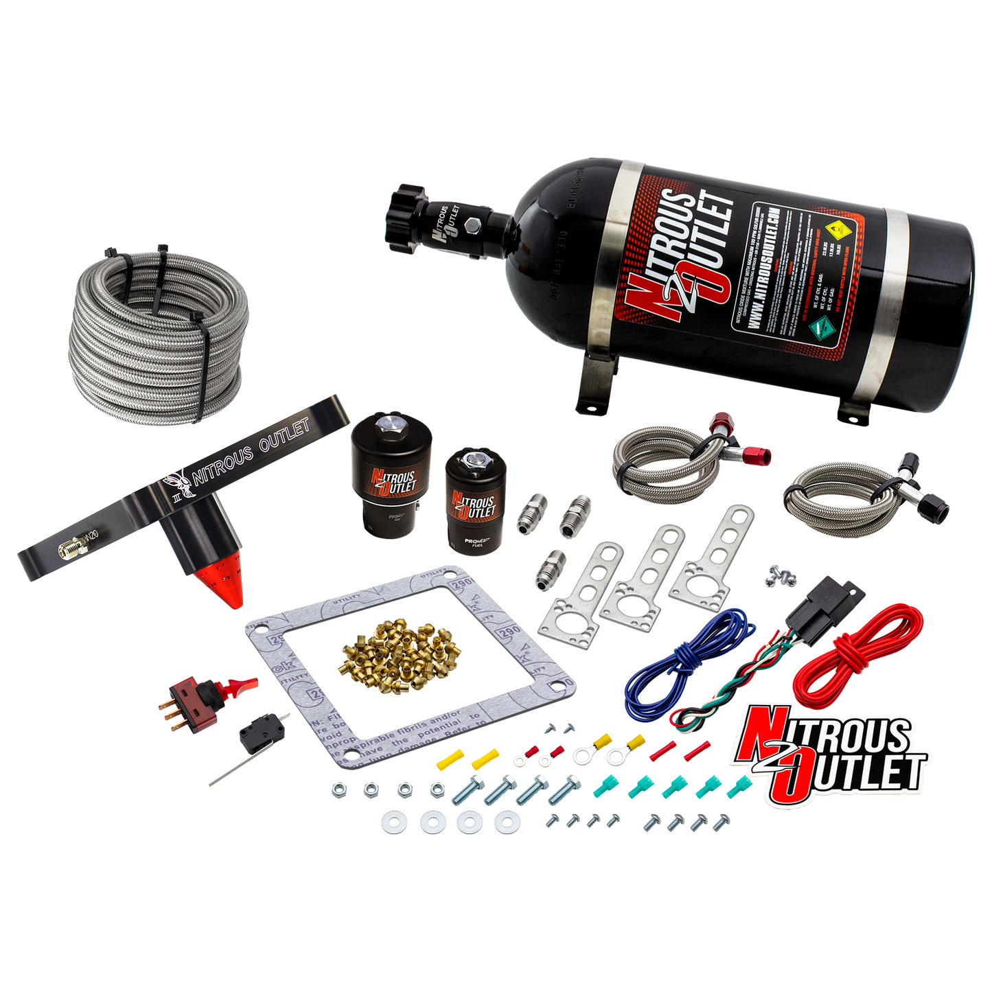 Nitrous Outlet 4500 Stinger 3 Race System - Braided Hoses/.178 Trashcan Nitrous Solenoid/.310 Fuel Solenoid/Universal Solenoid Brackets - (Gas/E85)(5-55 psi)(50-600 HP)(12lb Bottle)