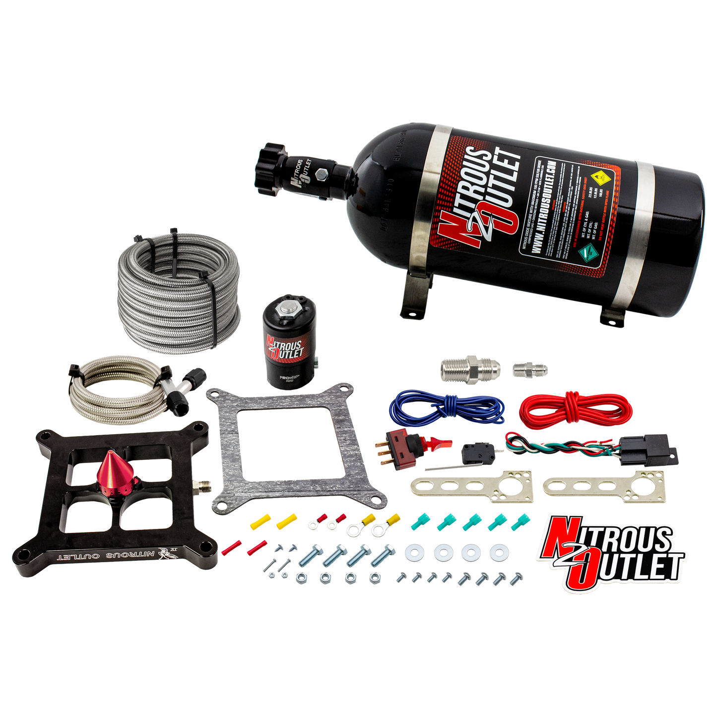 Nitrous Outlet 4150 Stinger 4 Dry System - Braided Hoses/.122 Nitrous Solenoid/Universal Solenoid Bracket - (50-500 HP)(12lb Bottle)
