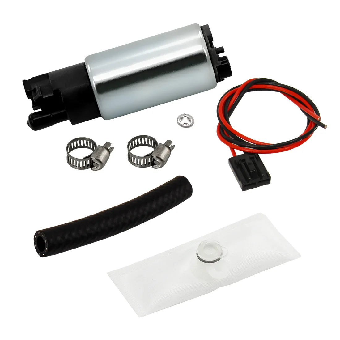 Nitrous Outlet Dedicated Fuel Pump Kit - 265lph @ 45psi fuel pump, 18" long harness, Filter sock, 1 ft of submersible hose, and two 5/16" crimp hose connects
