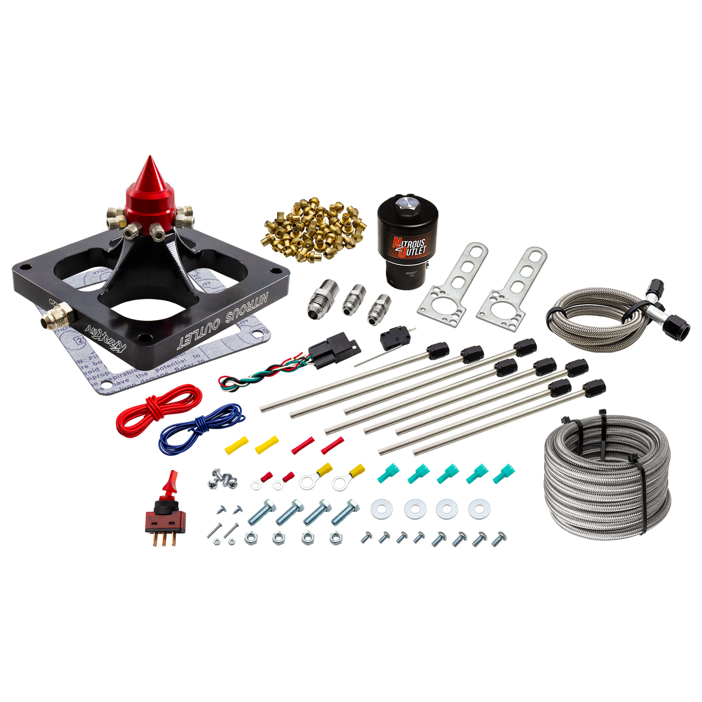 Nitrous Outlet 4500 Dry Kraken Plate Solenoid Forward Conversion Kit - Braided Hose/.178 MOD Trashcan Nitrous Solenoid/Universal Solenoid Bracket (100-800 HP)