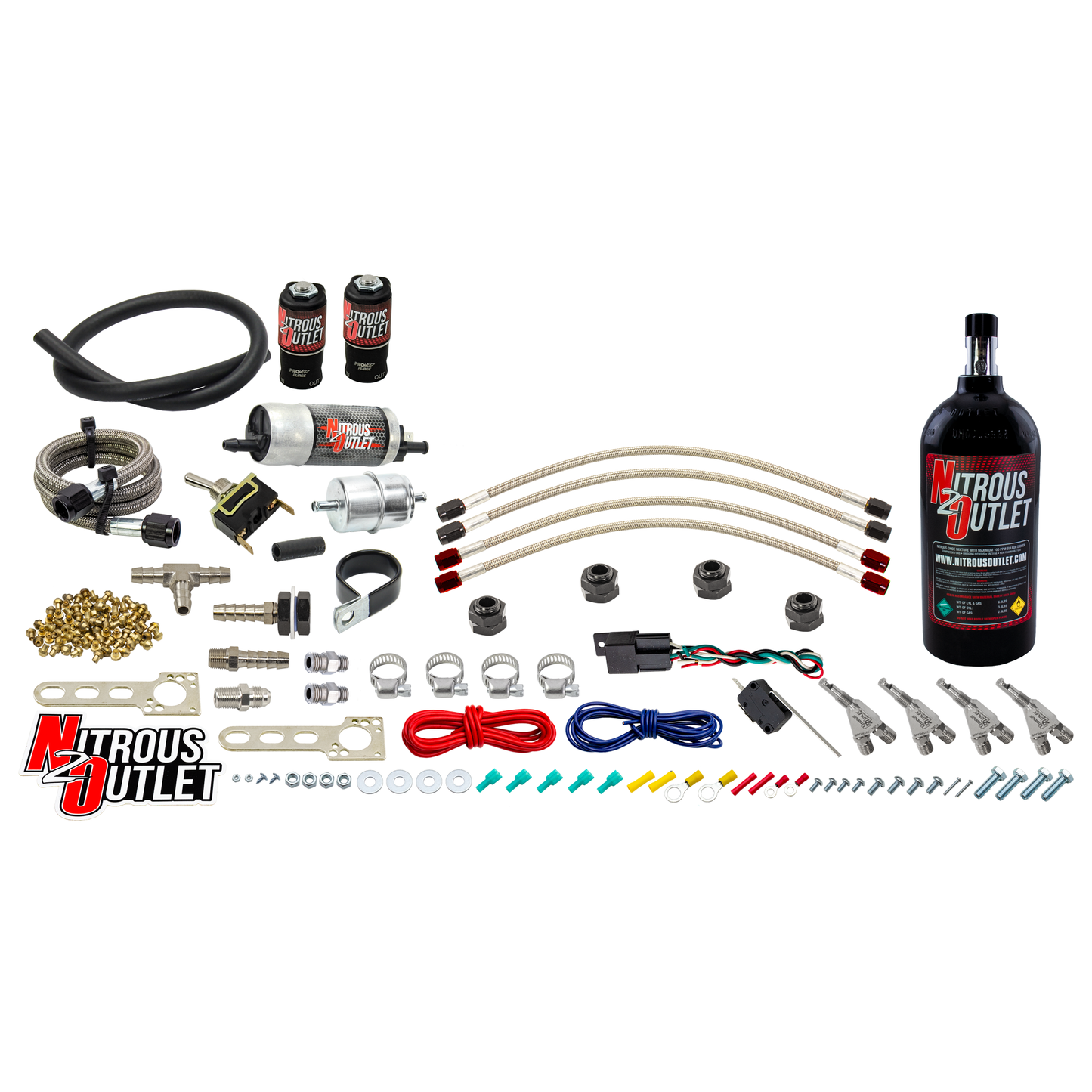 Nitrous Outlet Powersports Four Cylinder Wet Nozzle System (Aluminum 90 Degree Nozzles)(Gas)(6 psi)(40,60,80,100,125 HP)(5LB Bottle)