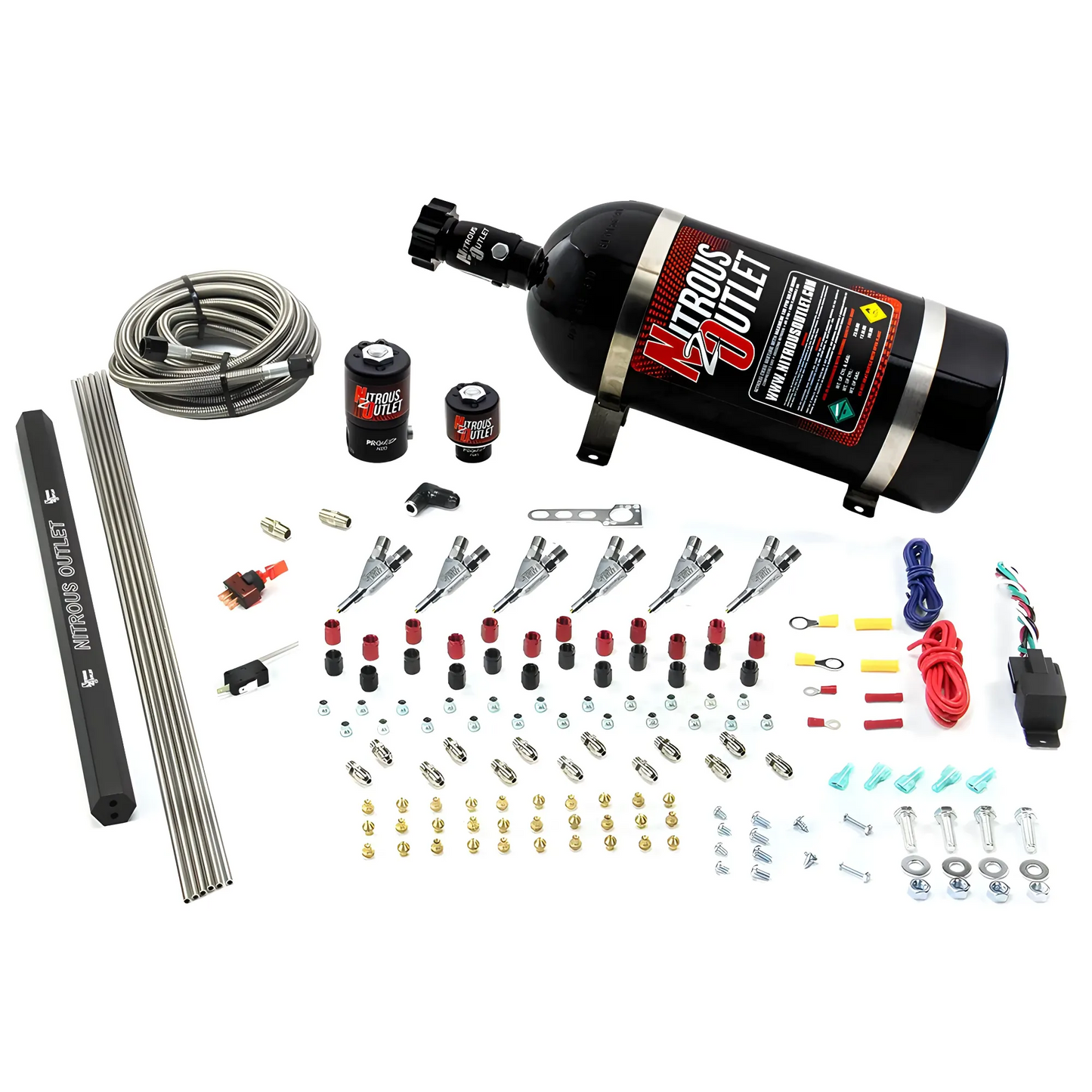 Nitrous Outlet 6 Cylinder Direct Port System - .122 Nitrous Solenoids/.177 Fuel Solenoids/Dual Passage Injection Rail/90 Degree Discharge Nozzles (Gas)(45-55 psi)(75-375HP)(10lb Bottle)