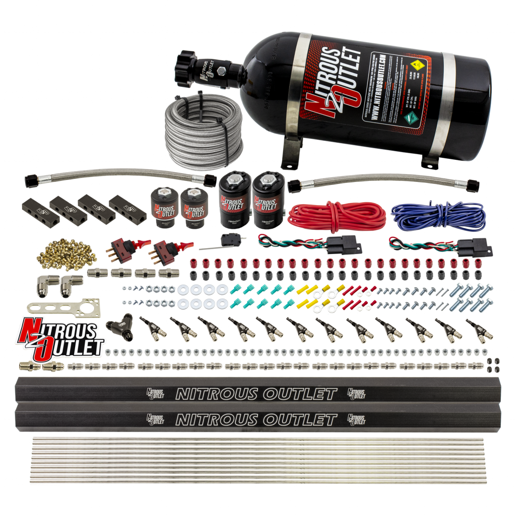 Nitrous Outlet 6 Cylinder Dual Stage Direct Port System - Two .122 Nitrous Solenoids/Two .177 Fuel Solenoids/Distribution Blocks/90 Degree Discharge Nozzles (Gas)(5-7-10 psi)(75-375HP)(10lb Bottle)