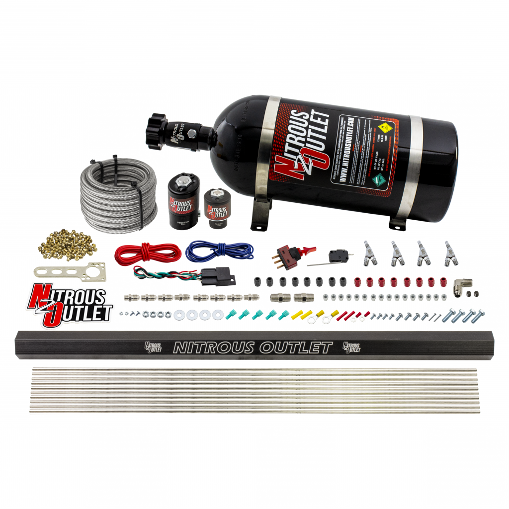 Nitrous Outlet 4 Cylinder Direct Port System - .122 Nitrous Solenoids/.177 Fuel Solenoids/Dual Passage Injection Rail/Annular Discharge Nozzles (E85)(5-7-10 psi)(50-250HP)(12lb Bottle)