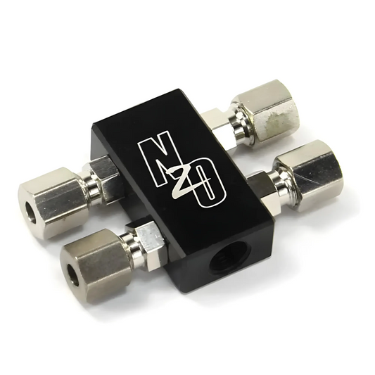 Nitrous Outlet Compact 2 In 4 Out Sensor Port Distribution Block with compression fittings - 1/8" NPT Inlets, 5/16-24" Outlets