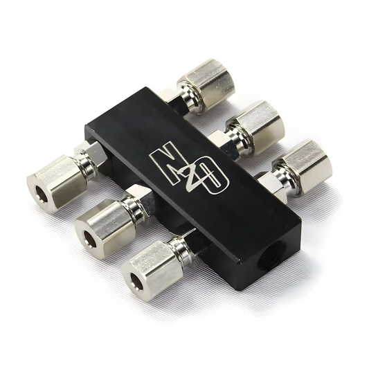Nitrous Outlet Compact 1 In 6 Out Distribution Block with Compression Fittings - 1/8" NPT Inlet, 5/16-24" Outlets