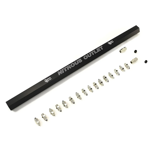 Nitrous Outlet Dual Passage Single Injection Rail Kit With Fittings for 2 Solenoid Direct Port  -1/8" NPT Inlets, 5/16-24" Outlets, 18" Long