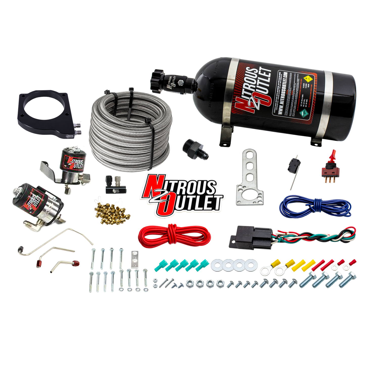 Nitrous Outlet GM 102mm MSD LS1/LS2/LS6 Atomic AirForce Intake Hard-line Plate System - Factory Fuel Rails/2006-2019 Corvette Requires K-Tech Idler Pulley Kit - Gas/E85 (5-55psi)(50-200HP)(15lb Bottle)