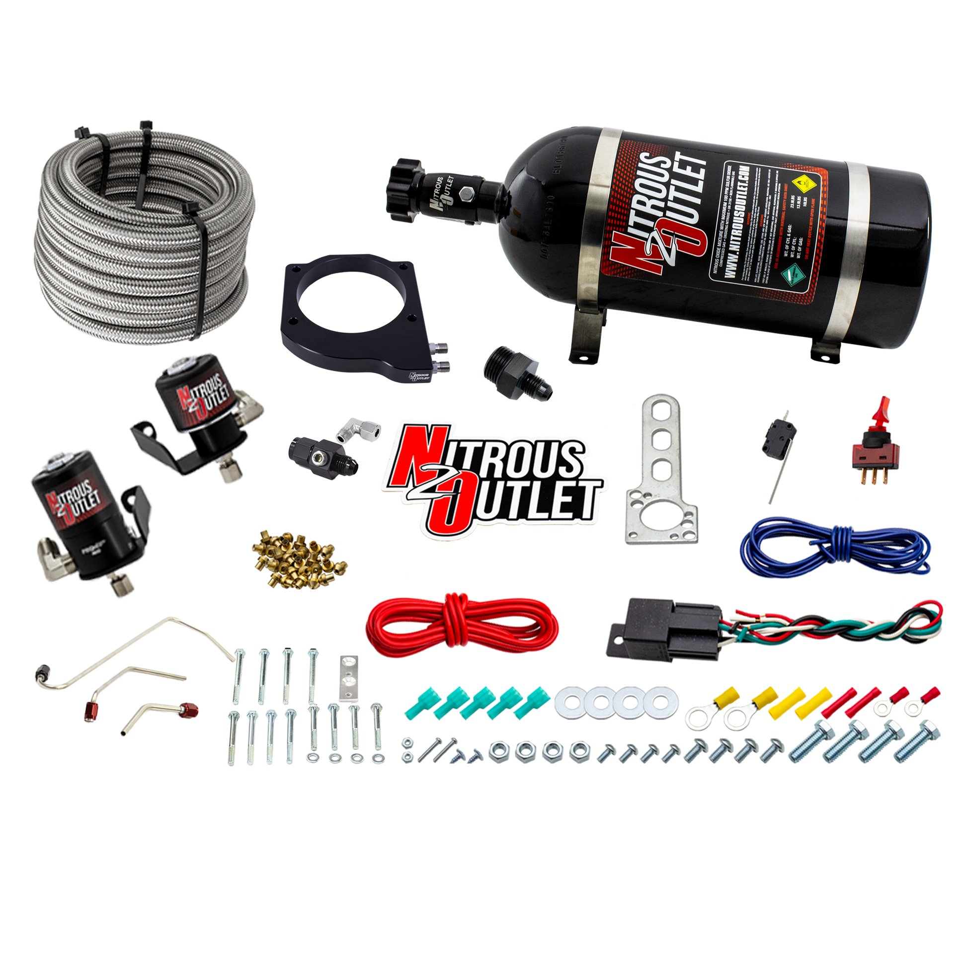 Nitrous Outlet GM 102mm MSD LS1/LS2/LS6 Atomic AirForce Intake Hard-line Plate System - Aftermarket Fuel Rails/2006-2019 Corvette Requires K-Tech Idler Pulley Kit - Gas/E85 (5-55psi)(50-200HP)(12lb Bottle)