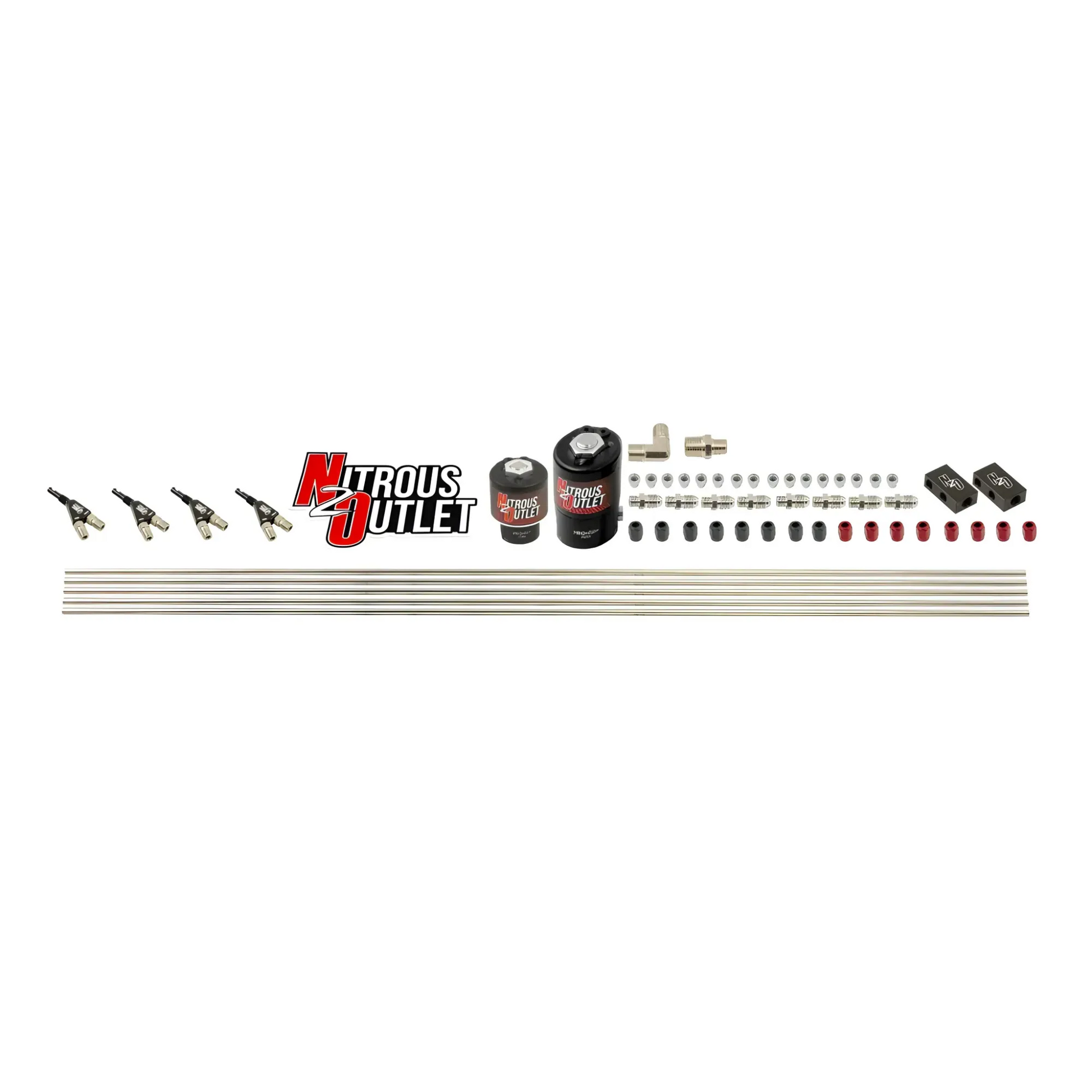 Nitrous Outlet 4 Cylinder Solenoids Forward Direct Port Plumbers Kit - .122 Nitrous Solenoid/.177 Fuel Solenoid/Distribution Blocks/90 Degree Discharge Nozzles