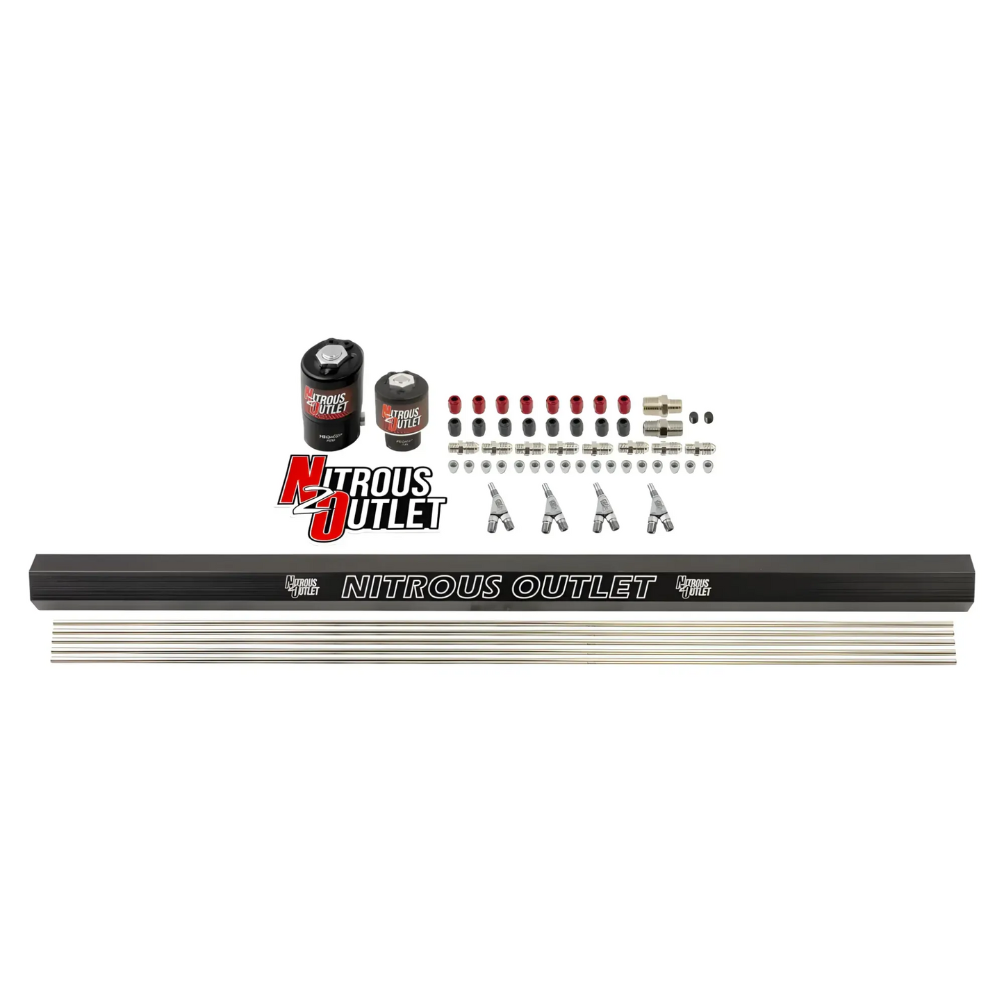 Nitrous Outlet 4 Cylinder Solenoids Forward Direct Port Plumbers Kit - .122 Nitrous Solenoid/.177 Fuel Solenoid/Dual Passage Injection Rail/Annular Discharge Nozzles