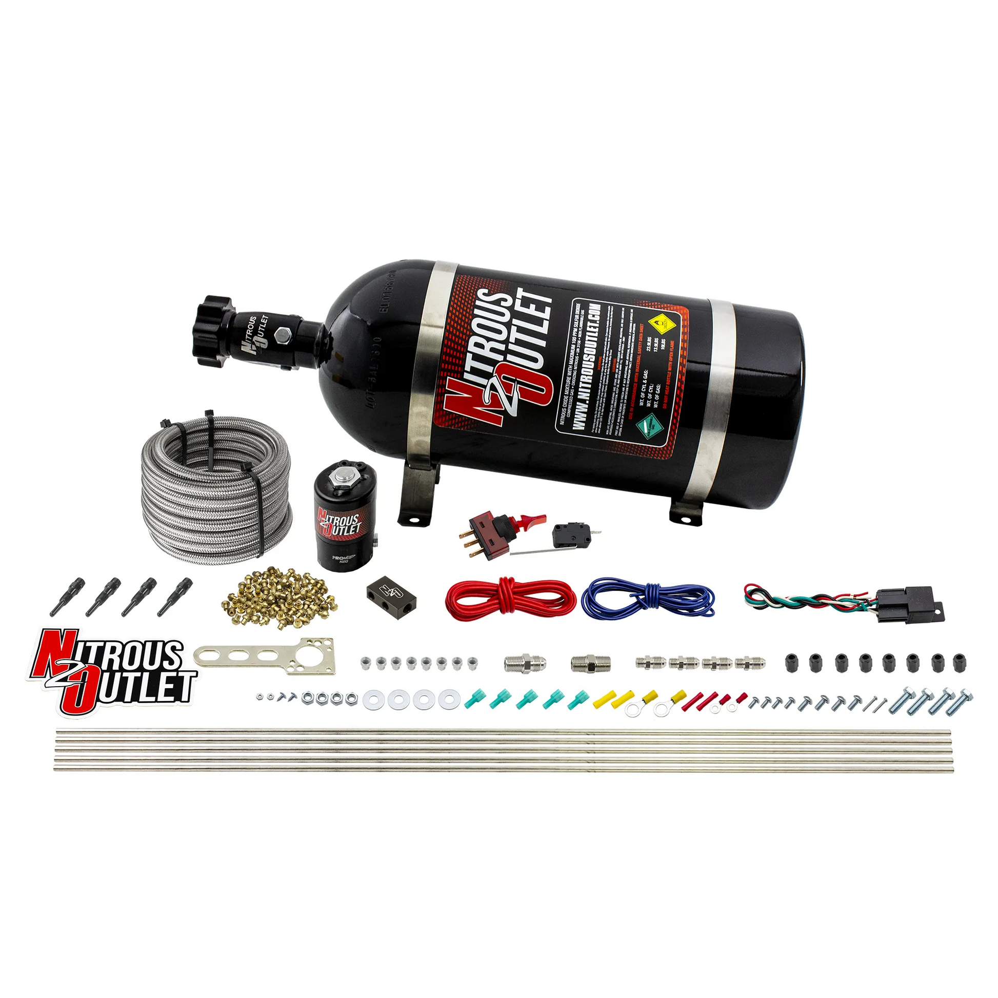 Nitrous Outlet Dry 4 Cylinder Direct Port System - .122 Nitrous Solenoid/Distribution Block/90 Degree Nozzles (50-250HP)(15lb Bottle)