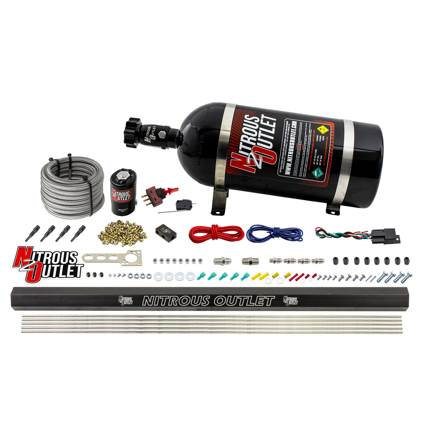 Nitrous Outlet Dry 4 Cylinder Direct Port System - .122 Nitrous Solenoid/Injection Rail/90 Degree Discharge Nozzles (50-250HP)(12lb Bottle)