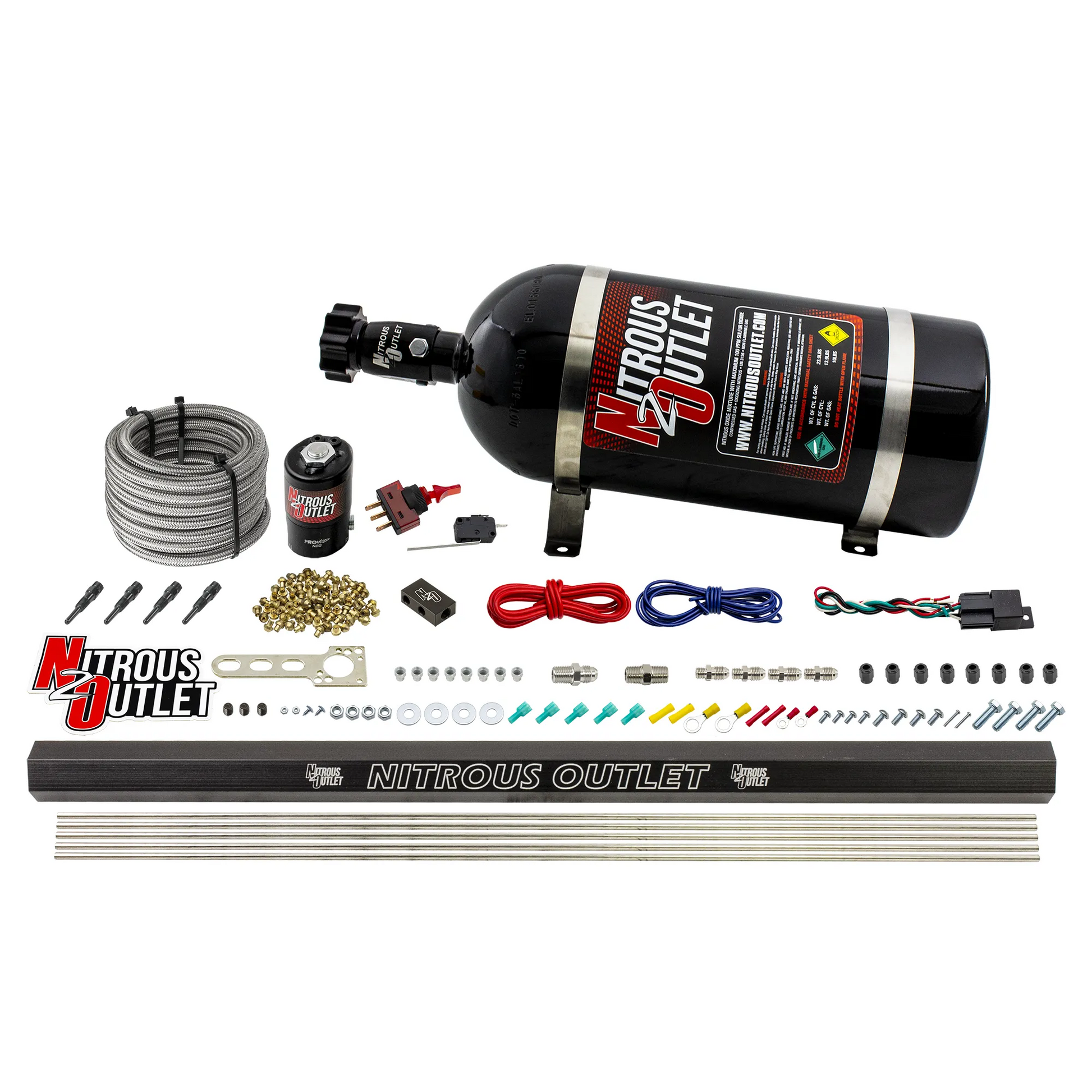 Nitrous Outlet Dry 4 Cylinder Direct Port System - .122 Nitrous Solenoid/Injection Rail/90 Degree Discharge Nozzles (50-250HP)(12lb Bottle)