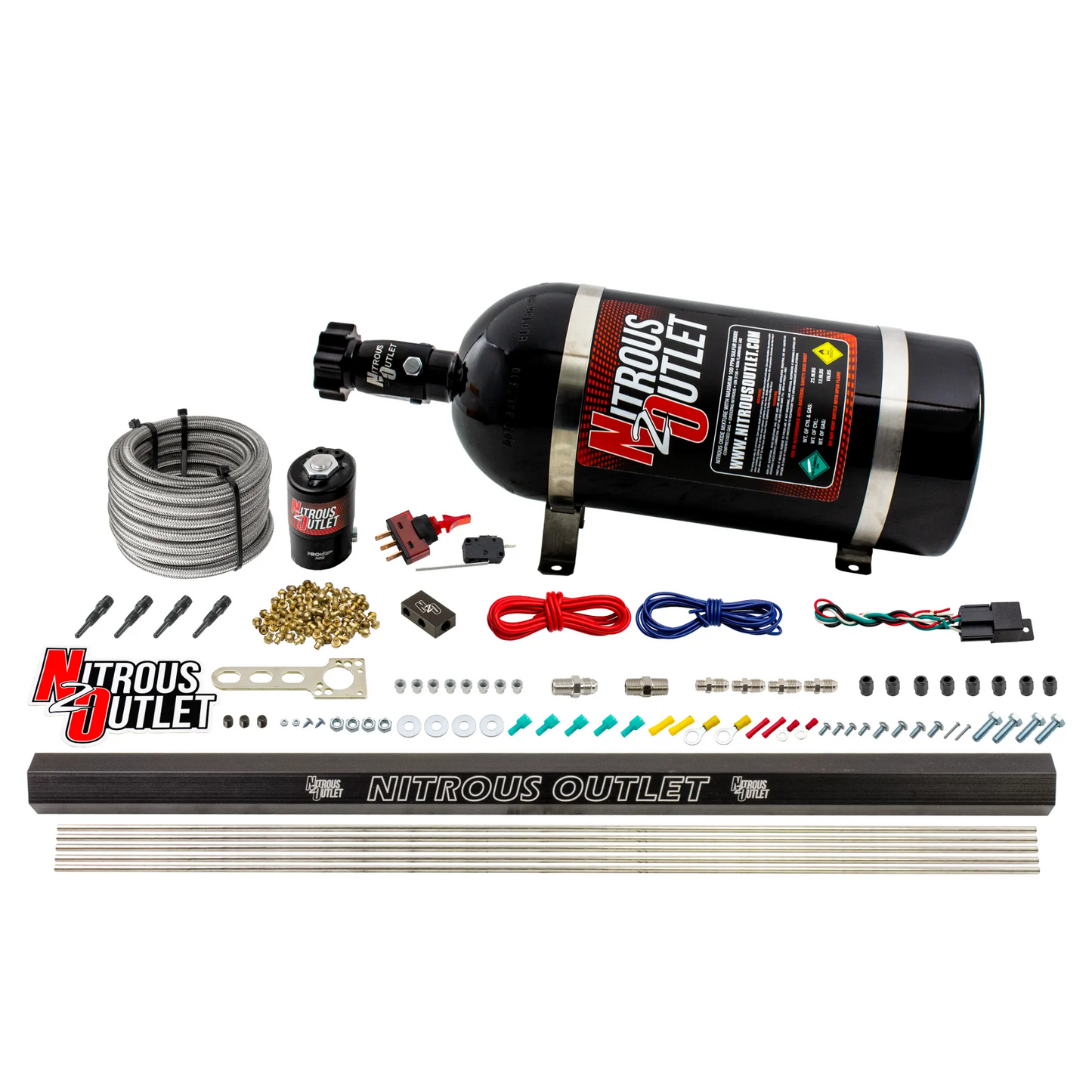 Nitrous Outlet Dry 4 Cylinder Direct Port System -.122 Nitrous Solenoid/Injection Rail/SBT Discharge Nozzles (50-250HP)(12lb Bottle)