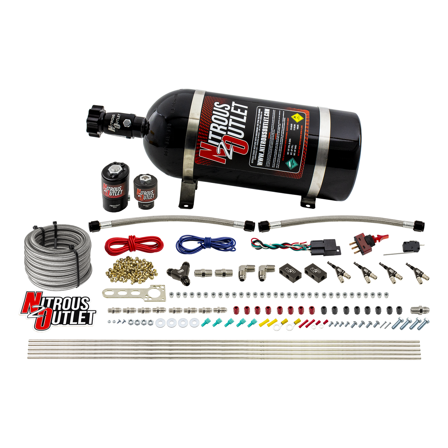 Nitrous Outlet 4 Cylinder Direct Port System - .122 Nitrous Solenoid/.177 Fuel Solenoid/Distribution Blocks/90 Degree Discharge Nozzles (Gas)(5-7-10 psi)(50-250HP) (12lb Bottle)