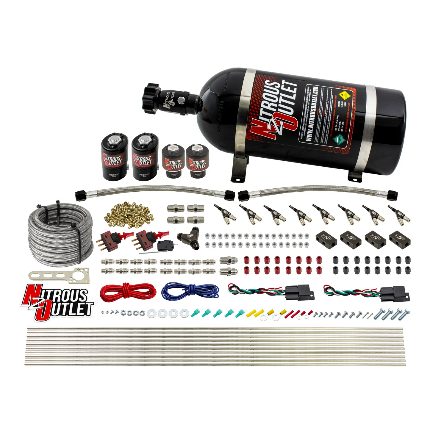 Nitrous Outlet 4 Cylinder Dual Stage Direct Port System - Two .122 Nitrous Solenoids/Two .177 Fuel Solenoids/Distribution Blocks/90 Degree Discharge Nozzles (Alcohol)(5-7-10 psi)(50-250HP)(15lb Bottle)