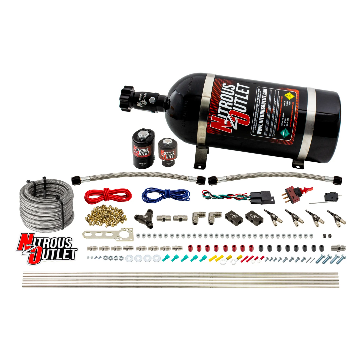 Nitrous Outlet 4 Cylinder Direct Port System - .122 Nitrous Solenoids/.177 Fuel Solenoids/Dual Passage Injection Rail/90 Degree Discharge Nozzles (Alcohol)(5-7-10 psi)(50-250HP)(15lb Bottle)